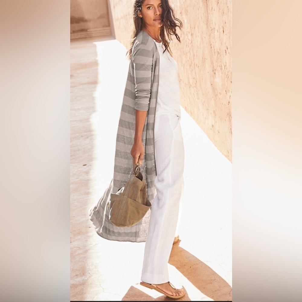 Garnet Hill Linen Striped Long Duster Cardigan Neutral Beige Size Xs